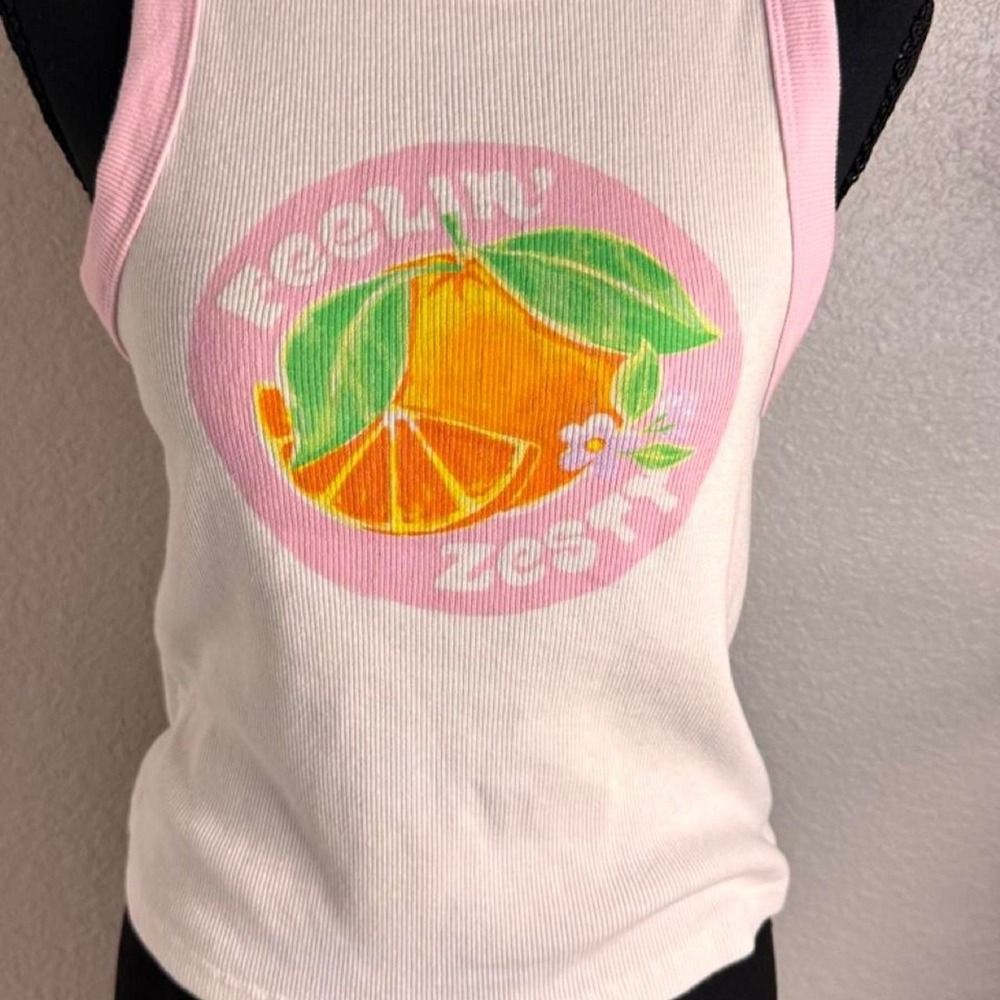 Reelly Zesty Orange Graphic Ribbed Baby Tee Women's Pink & White Y2K Tank Top